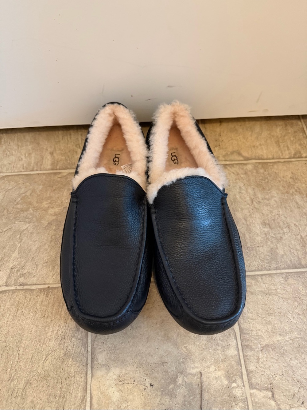 UGG Men’s Black Leather Moccasin Slippers with Cream Shearling